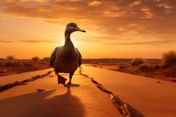  a duck standing on the side of a road in the middle of the desert with the sun setting in the background and a bird standing on the side of the road. - obrazy, fototapety, plakaty