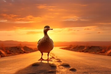  a duck standing on the side of a road in the middle of a desert with the sun setting in the background and a line of rocks in the middle of the road.