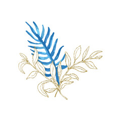 Botany bouquet with glitter line art and watercolor leaves for design of card or invitations. Vector floral illustration, isolate on white background