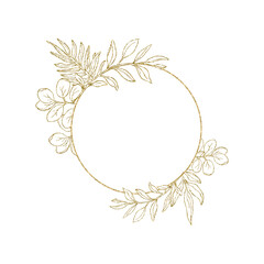 Obraz premium Eucalyptus line art, gold glitter leaves frame for card or invitation, vector illustration, isolate on white background