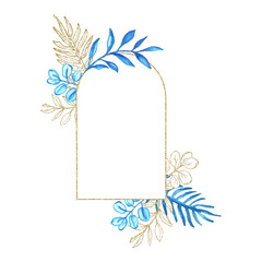Eucalyptus line art, gold glitter and blue watercolor leaves boho frame for card or invitation, vector illustration, isolate on white background