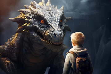 Back view of little child boy with backpack meeting dragon face to face at the magic world of dragons