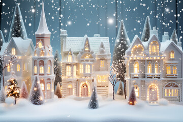 Fototapeta premium Beautiful white houses city scape decorated with garlands for the Christmas holiday