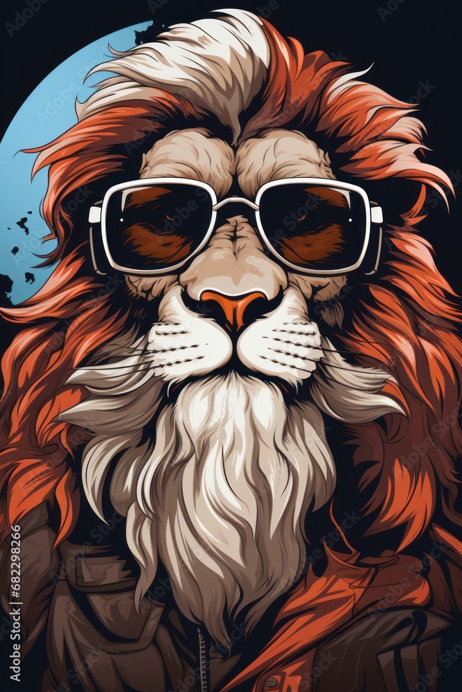 Poster  a lion with sunglasses and a beard in front of a blue background with a half moon in the middle of the frame and a half moon in the middle of the frame.