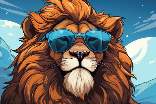  a picture of a lion with sunglasses on it's face and a mountain in the background with snow on it's sides and a blue sky with clouds.