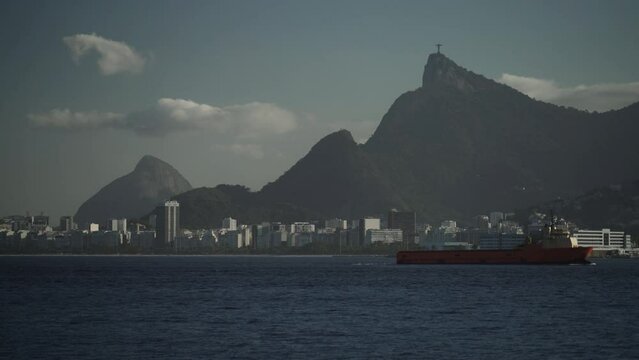 Ship and Plane in Front of Rio de Janeiro s Iconic Christ the Redeemer
