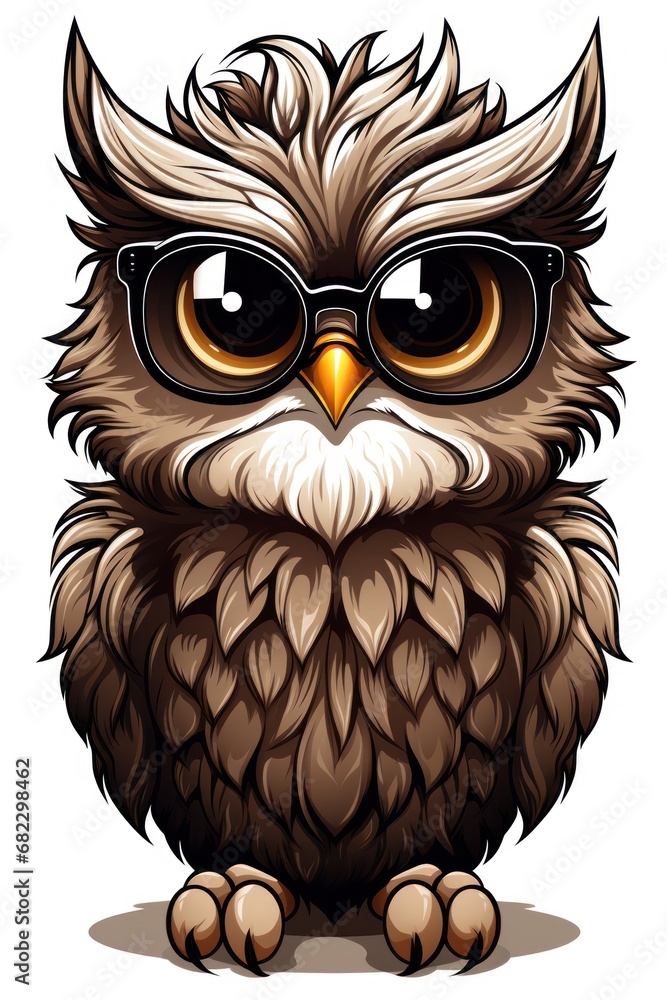 Poster an owl with glasses and a beard is sitting on a white background with a shadow of its head in the sh