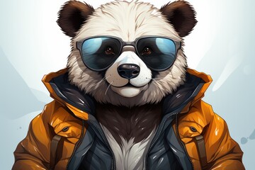  a panda bear wearing a leather jacket and sunglasses with a jacket on it's chest and a leather jacket on his chest, with the panda bear wearing sunglasses on his chest.