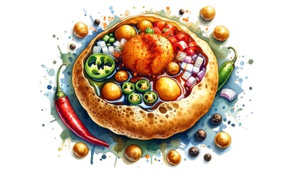 A watercolor illustration of Pani Puri, featuring hollow, crisp spheres filled with flavored water, tamarind chutney, chili, chaat masala, potatoes, onions, and chickpeas, capturing the crispness and 