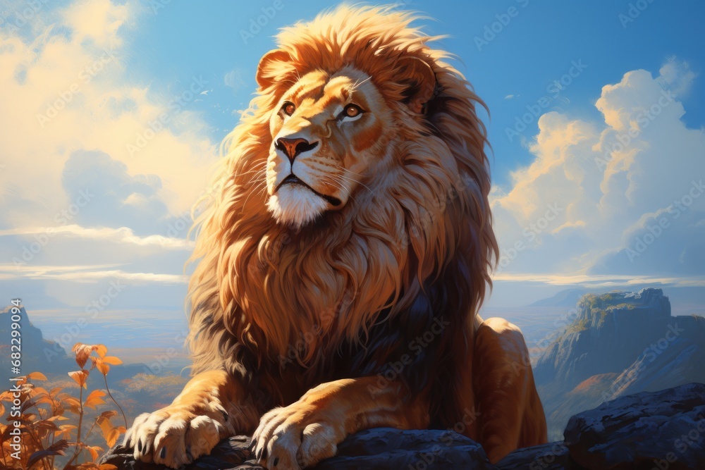 Poster a painting of a lion sitting on a rock in a field with mountains in the background and a blue sky wi