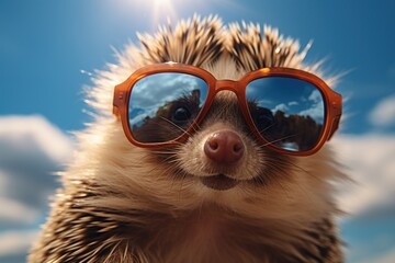  a hedgehog wearing a pair of sunglasses in front of a blue sky with puffy clouds and a sunburst in the middle of it's lens.