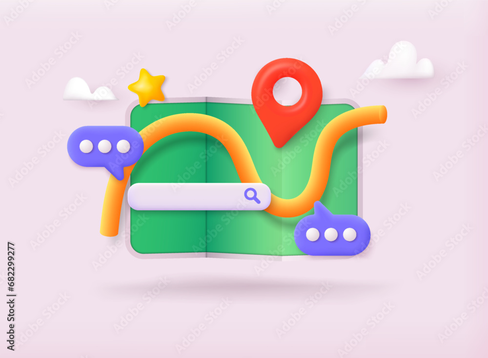 Poster 3d vector map icon with pin pointer and search bar. 3d vector illustrations.
