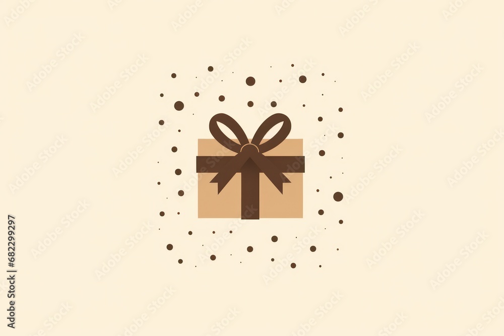 Poster a gift box with a brown ribbon and a bow on the top of the box is surrounded by dots on the bottom o