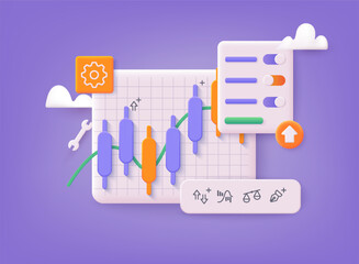 Stocks market graph chart on web pages. Trading candlestick chart on electronic devices vector illustration. 3D Vector Illustrations.