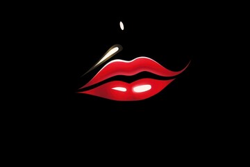  a close up of a person's face with bright red lipstick on a black background with a light shining in the middle of the upper half of the lip.