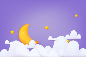 Night sky background with half moon, clouds and stars. 3D Vector Illustrations. © Olesia_g