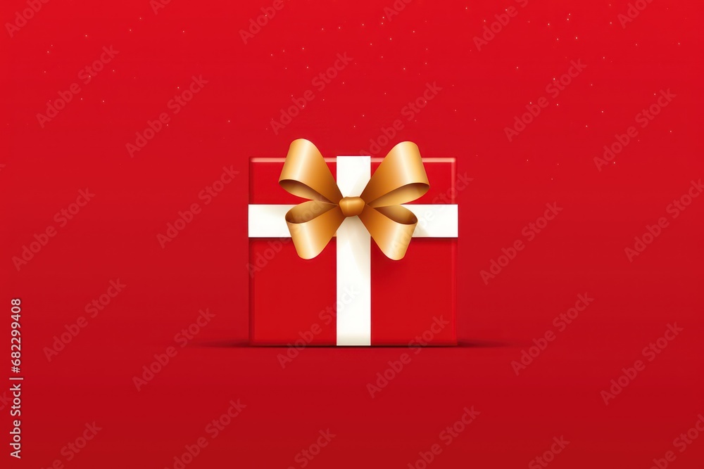 Poster a red gift box with a gold bow on top of it on a red background with snowflakes and stars on the bot