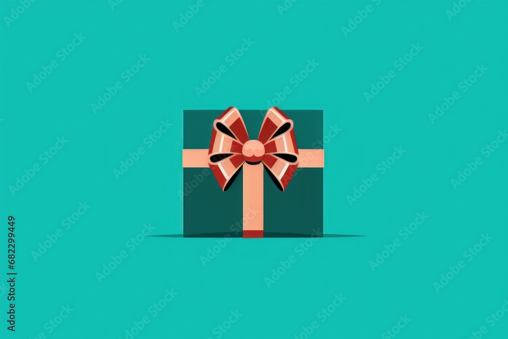 Poster a gift box with a red bow on top of it on a blue background with a shadow on the bottom of the box a