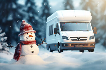 Trailer Mobile Home or Recreational van, Snowman, Winter travel Holiday - obrazy, fototapety, plakaty