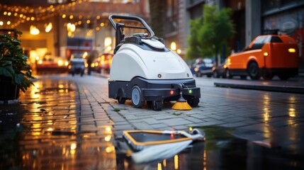 Futuristic robot cleaner on a city street, vacuum and mop the floor