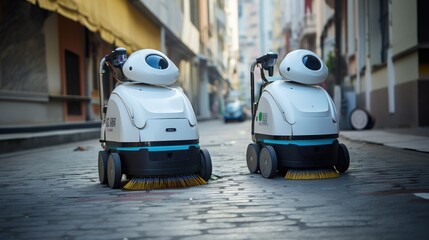 Obraz premium Futuristic robot cleaner on a city street, vacuum and mop the floor