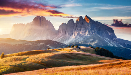 stunning morning scene majestic moutain peak under sunlight alpe di siusi valley during sunset amazing nature landscape awesome natural background incredible colorful scenery dolomites - obrazy, fototapety, plakaty