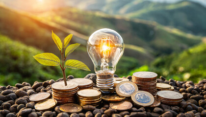 light bulb on pile of coins concept renewable energy energy crisis clean energy green business that adds value to business for the environment - obrazy, fototapety, plakaty