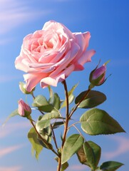Obraz premium Bright pink rose with layered petals accompanied by unopened buds under the daylight blue sky