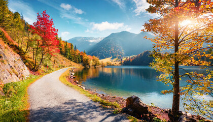 incredible morning view of alpine lake with hiking road and colorful trees bright autumn scene of nature amazing sunny mountain landscape - obrazy, fototapety, plakaty