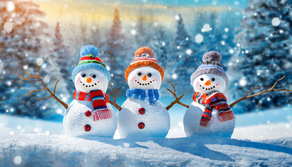 four funny cheerful snowmen standing in winter christmas landscape merry christmas and happy new year greeting card with copy space winter background