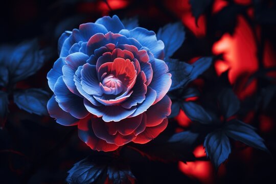  a red, white and blue flower with green leaves in the foreground and a blue and red flower in the middle of the image, with a black background.