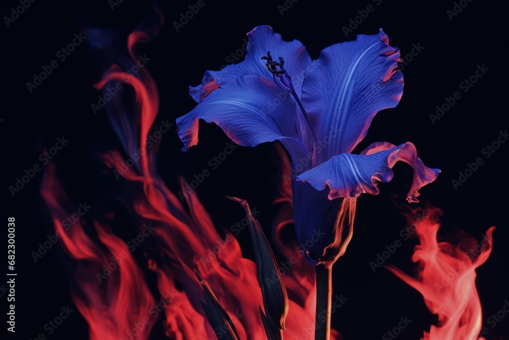 Poster a close up of a blue flower in a vase with red flames in the background and a black background with 