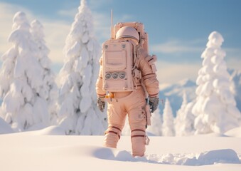 A solitary astronaut in a light pink suit stands on a snowy ridge, gazing into the frozen wilderness - obrazy, fototapety, plakaty