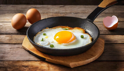 a delicious fried egg sizzling in a frying pan placed on a rustic wooden table perfect for food blogs cooking recipes and breakfast themed designs