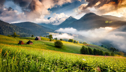 foggy summer landscape with green rural field in the alps with beautiful fresh green mountain pastures and mountain tops in the background rich harvest concept creative image carpathian mountains - obrazy, fototapety, plakaty