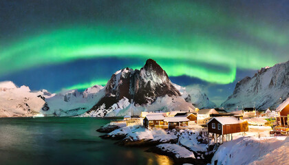 wonderful winter scenery popular touristic destination reine colorful night scene with green northern lights above mountains lofoten islands one of the most wonderfull nature sightseeing in norway - obrazy, fototapety, plakaty