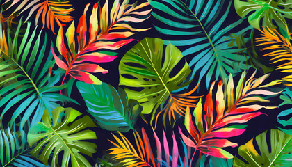 Fototapeta na wymiar tropical leaves in a bright coloured pattern on a dark background