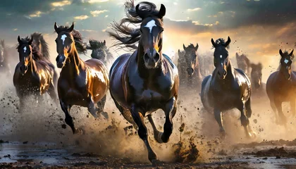 Fotobehang 泥の中を走るたくさんの馬 © yu_photo