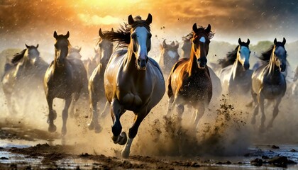 泥の中を走るたくさんの馬