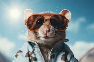  a brown and white rat wearing sunglasses and a blue and white jacket with brown spots on it's face and a blue sky with white clouds and blue background.