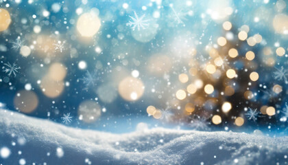 background with snow and blurred bokeh merry christmas and happy new year greeting card with copy space