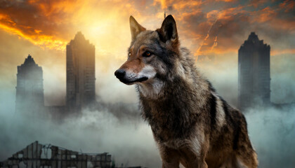 portrait of an old wolf against the background of apocalyptic skies smog and silhouettes of buildings of a destroyed city