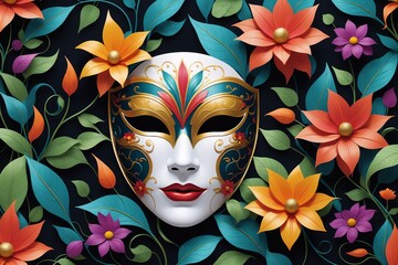 Bunte Karnevalsmasken mit Blumen und Ranken als Symbole für Fasching, Karneval und die närrischen Tage.