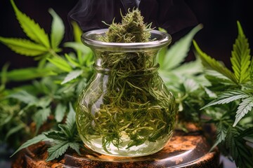 close-up of a glass bong with cannabis leaves in the background - obrazy, fototapety, plakaty