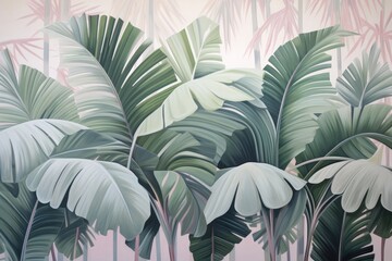  a painting of a group of palm trees in front of a wall with pink and green wallpaper and a painting of a palm tree in the middle of the background.