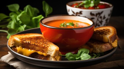 A steaming bowl of tomato soup with a grilled cheese sandwich on the side,