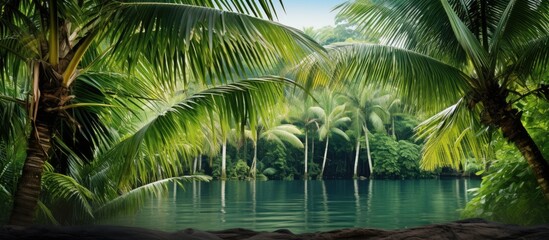 In the isolated summer spa, amidst a lush green forest, a tropical coconut tree stands tall, its white and green leaves forming a pattern, an iconic symbol of natures tranquil beauty.