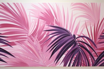  a painting of a palm tree with pink and purple leaves in front of a white wall with a pink and purple painting of a palm tree in front of it.