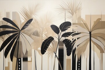  a painting of palm trees in front of a white wall with a cityscape in the background and a beige and black painting of palm trees in the foreground.