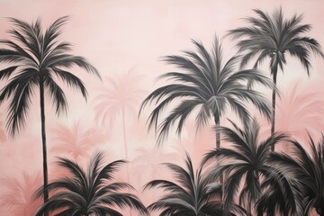  a painting of palm trees in front of a pink wall with a black and white painting of a palm tree in front of a pink wall with black and white palm trees.